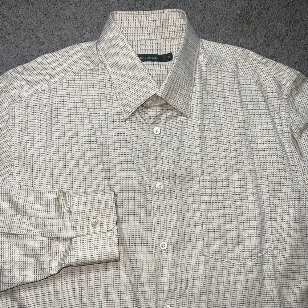 ERMENEGILDO‎ ZEGNA Biege Check Cotton Point Collar Dress Shirt Sz XL